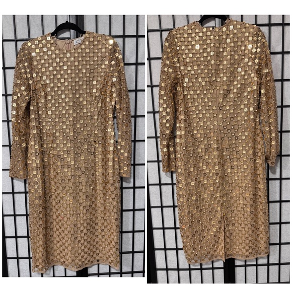 ✨ Mac Duggal Gold Beaded Georgette Long Sleeve Fitted Midi Dress ✨ size 14 - Picture 4 of 11